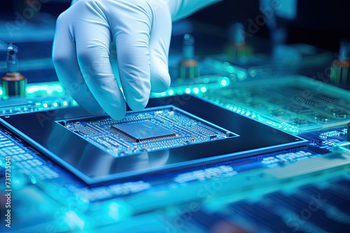 半導体とハイテク工場、Hands in blue gloves working with semiconductor chips. High tech factory industrial image.Generative AI