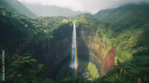 AI-generated illustration of a serene jungle waterfall with a spectacular rainbow arching above it.