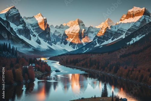 AI generated illustration of a stunning winter landscape showing a river with snow-covered mountains