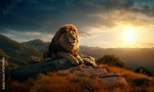 Lion sitting majestically atop a rocky outcropping at sunset, AI-generated.