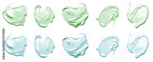 2 Collection set of pastel green turquoise blue, blob paint ink liquid smear smudge swatch cream wax on transparent background cutout, PNG file. Many different design. Mockup template artwork graphic
