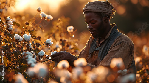 An African Black Man Picks Cotton in the Field, Reflecting the Laborious Work of Olden Times