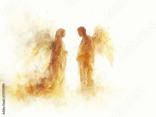 angeli in stile acquerello di profilo su sfondo bianco, annunciazione, pasqua del Signore