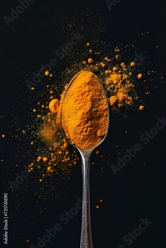 Spoon with curcuma / turmeric powder, generative ai