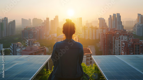 A person living in a sustainable city that is powered by renewable energy. Energy from wind, from sunlight or solar cells is pure energy that will be used in the future.
