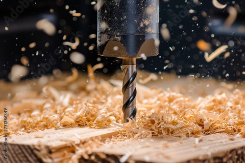 close shot of drill bit entering wood, wood shavings scattered