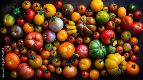 A vibrant assortment of various types of tomatoes, showcasing a beautiful spectrum of colors, textures, and sizes, arranged artistically on a rustic table