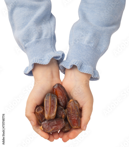 Handful date fruits, top view concept image of girl child handful date fruits. Offering, giving delicious special sweet snack for breaking fasting. Ramazan concept image,. Isolated transparent png.