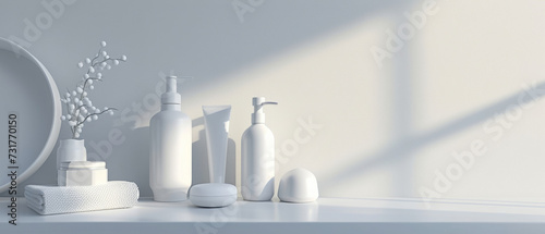 Simplistic elegance of bathroom products aligned on a shelf, bathed in soft daylight