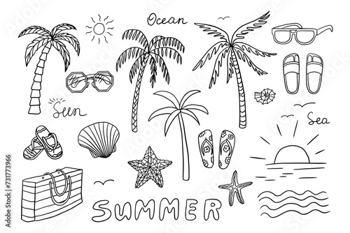 Big set of summer time theme elements in doodle style. Palm trees, shells, sun, beach bag, flip flops, sunglasses. Travel design. Adventure. Hand drawn vector illustration. Great for poster, banner