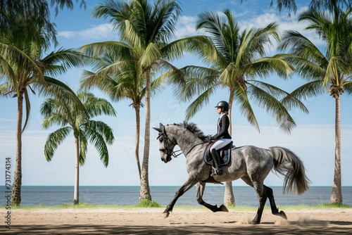 dappled grey horse with a rider, trotting past beachfront palm trees