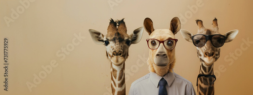 funny giraffe and mammal. animals with glasses look at the camera. animals in a group together looking at the camera. An unusual moment full of fun and fashion consciousness.