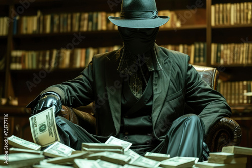 The man is wearing mysterious clothing with a stack of money.