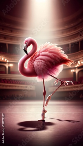 A flamingo in a pink tutu and ballet slippers, poised gracefully on one leg.