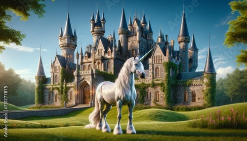 A photorealistic image of a unicorn standing in front of a fairy tale castle, inviting stories and adventures.