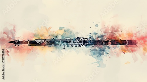 Double exposure of oboe and colorful watercolor splashes on white background. Ai generative. 