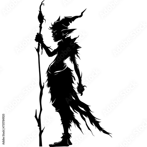 Silhouette goblin mythical race from game mage wit staff black color only