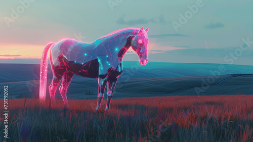 Cyber horse avatar showcasing the latest in equestrian gear against a digital landscape of rolling hills.