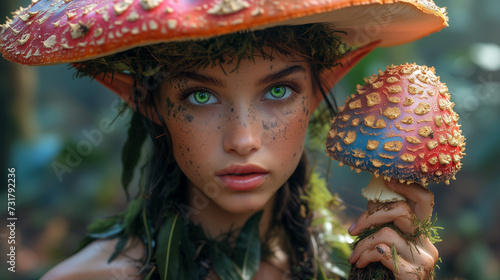 Portrait of a woodland female elf with mushrooms. (AI generated)