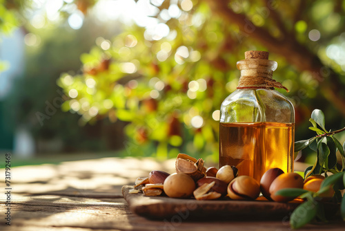 Argan oil in a glass bottle with kernels on wooden table with blurred argan trees background with space for text. Organic hair and skin care and wellness concepts