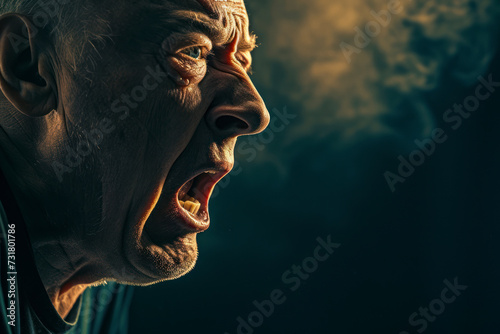 Close up portrait of a man shouting.