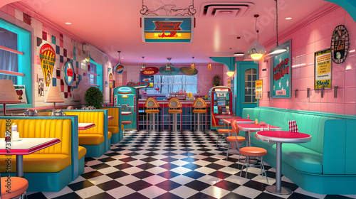  the scene with a colorful image of a classic American diner, complete with checkerboard floors, vinyl booths, and a jukebox playing hits from the 1950s generative AI 
