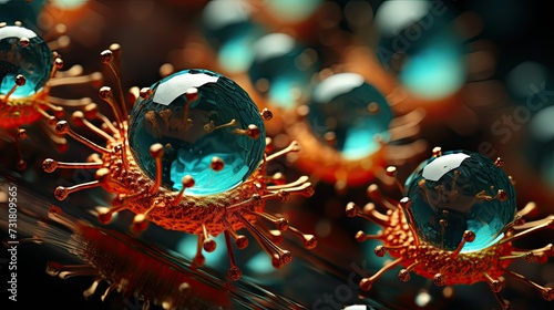 green, red and blue coronavirus surrounded by red fluorescent dots, in the style of dark azure and gold,