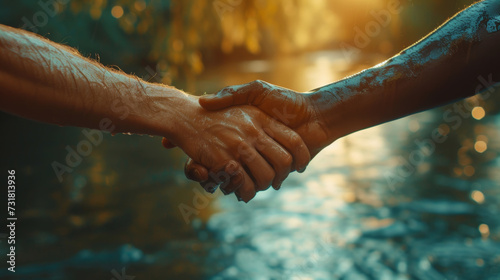United Hands Over Water. Two people holding hands firmly over a serene water background at sunset.