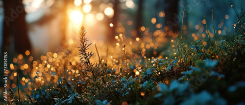 Sunset light streams through a forest, casting a golden glow on the dew-covered underbrush and creating a magical bokeh effect