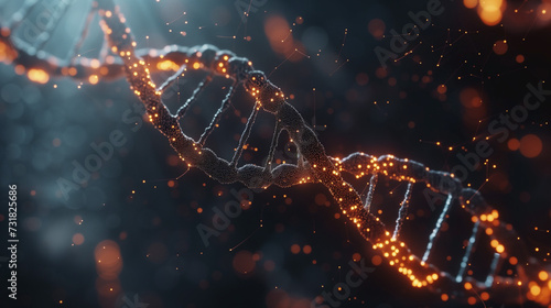 Close-up of a DNA double helix structure against a high-tech digital background, glowing connections and genetic information flowing, symbolizing biotechnology and scientific research