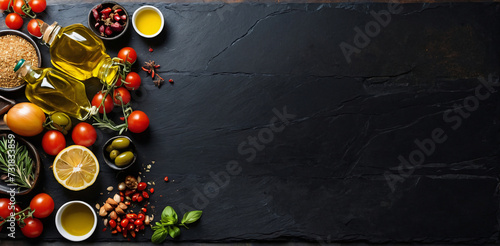 Food background. Top view of olive oil, cherry tomato, herbs and spices on rustic black slate. Colorful food ingredients border. AI generated