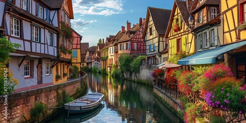 France. Small waterway and traditional timber-framed homes.