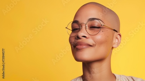 A person with a bald head wearing glasses and smiling against a yellow background.
