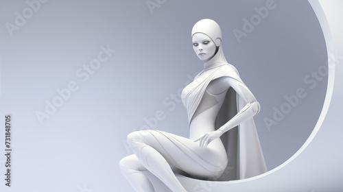 Statue minimaliste de femme drapée assise. Sculpture monochrome et futuriste.