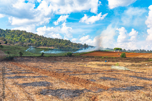 Slash-and-burn agriculture in the Chiang Mai province in northern Thailand. In the vernacular it is the burning season, an unhealthy air pollution until end of March