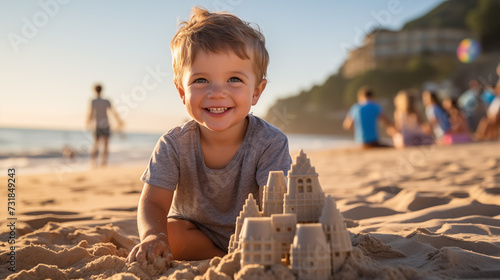 A boy playing in the sand on a sandy beach, building a sandcastle, focused and joyful.