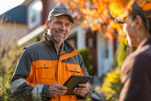 Professional landscape arborist technician using a tablet to provide a customer a quote on the outdoor job site, green service industry worker integrating with technology to keep customers happy