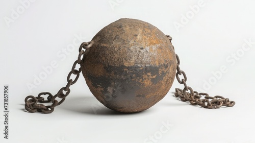 Old, heavy prisoner ball and chain over white background