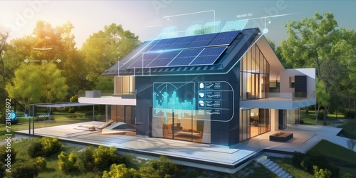 Conceptual smart home with solar panels and energy efficiency display