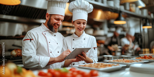 Professional Chefs Sharing a Joyful Moment While Reviewing a Recipe on a Tablet in a Commercial Kitchen, Culinary Collaboration Concept