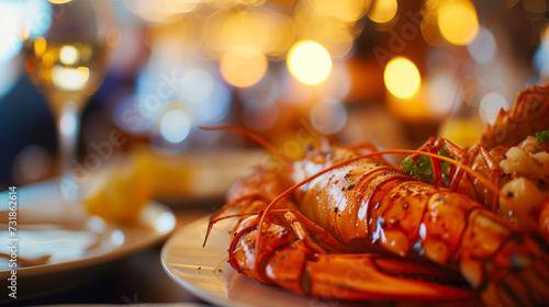 Roast langoustine on a table in a cozy restaurant with warm lighting, no people. Cooking seafood and luxury food concept.