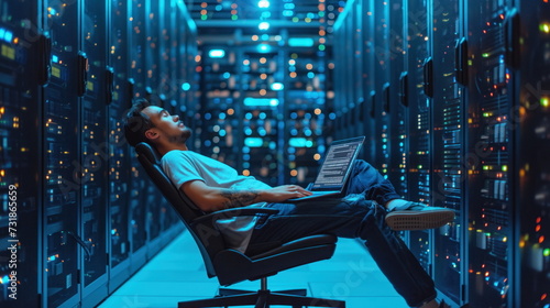 programmer sleeps in a wheeled office chair surrounded by rows o