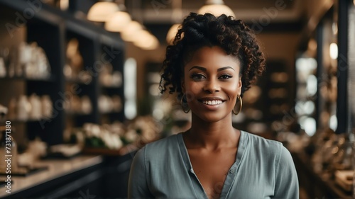 Portait of a smiling confident retail store owner black african woman looking at camera from Generative AI
