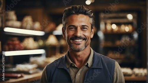 Portait of a smiling confident retail store owner man looking at camera from Generative AI