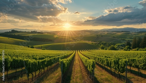 Breathtaking view of a lush vineyard bathed in the golden hues of sunset
