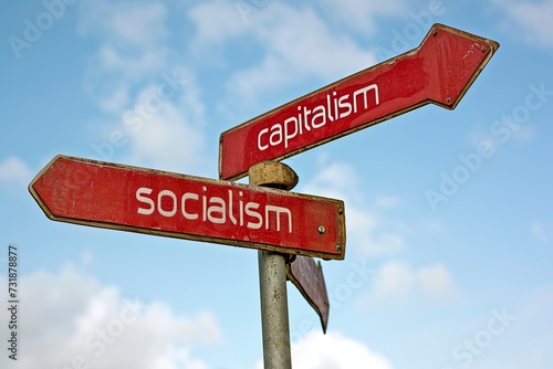 concept of socialism and capitalism, signs that mark different direction