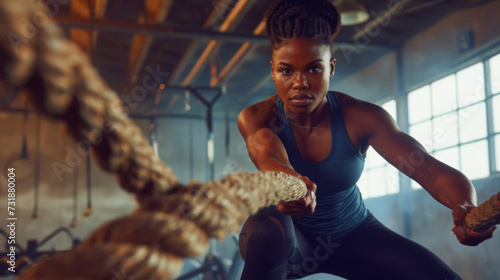 An athletic woman is vigorously exercising with battle ropes in a gym, focused and determined in her strength training routine.