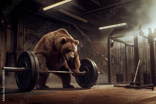 A muscular bear in a gym attempting to lift a heavy barbell.