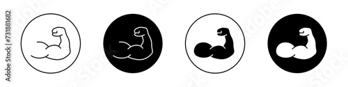 Strong Hand Icon Set. Muscle flex power vector symbol in a black filled and outlined style. Strength Emblem Sign.