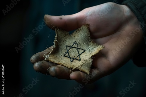 hands holding a piece of cloth with a tattered Jewish star